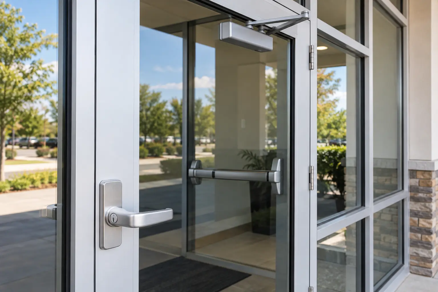 Commercial door with keyed lever, panic bar, and overhead closer