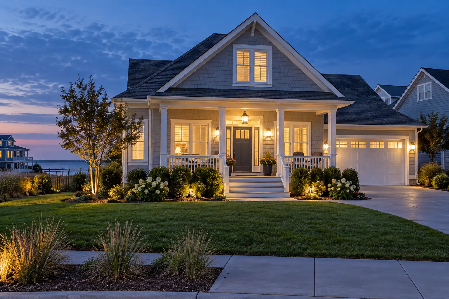 Secure coastal home at evening representing home watch service