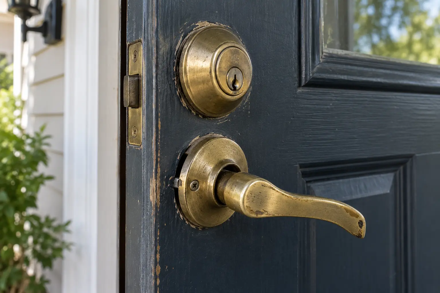 Worn brass door lock and handle in need of repair