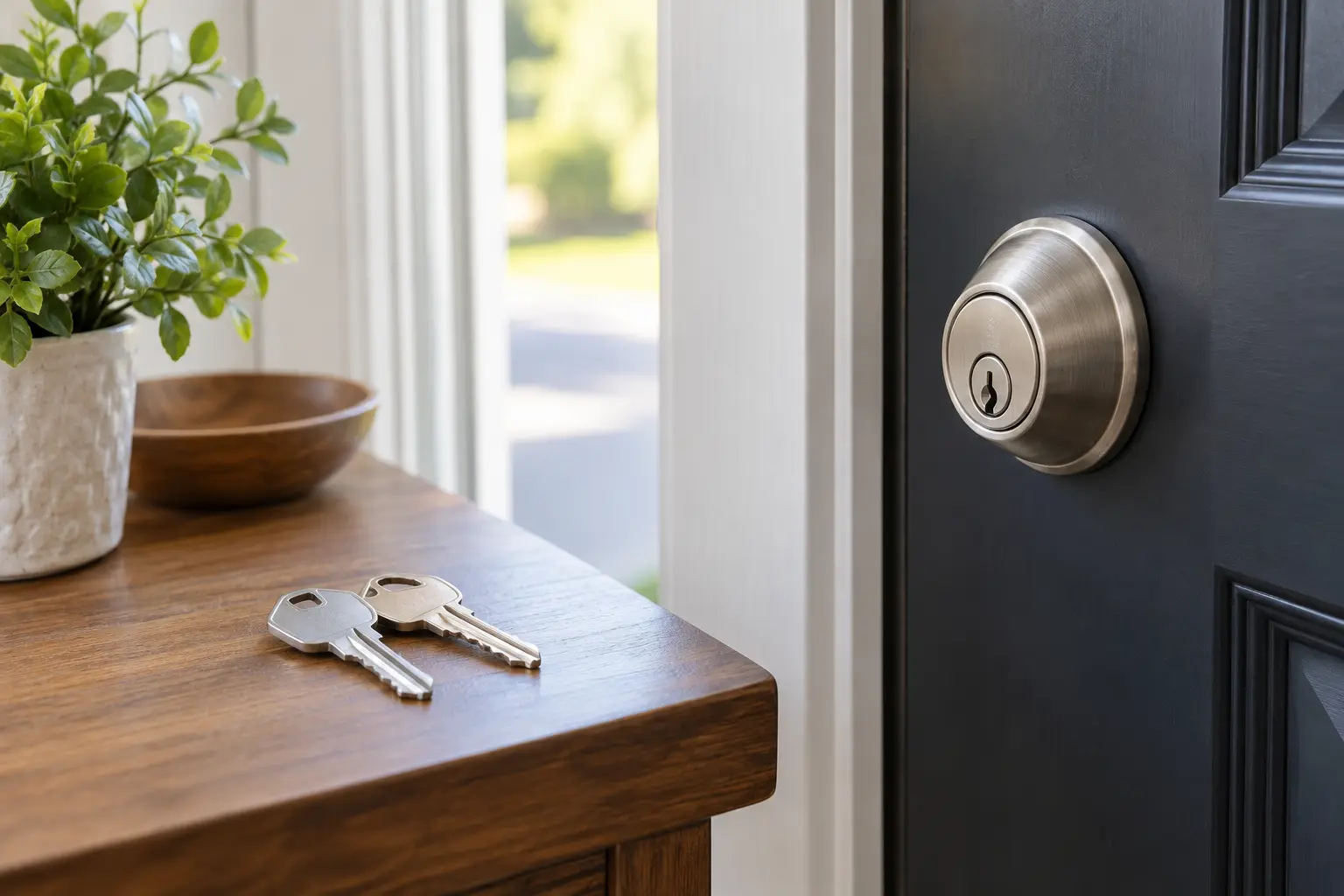 House keys beside a residential deadbolt representing rekeying service