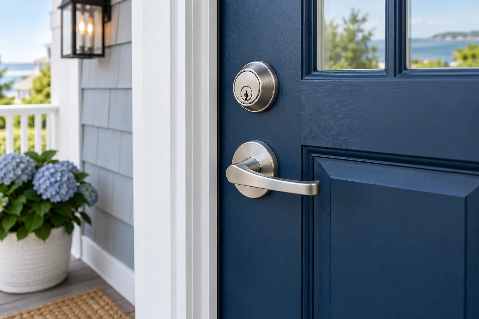 New brushed nickel deadbolt and lever installed on a front door